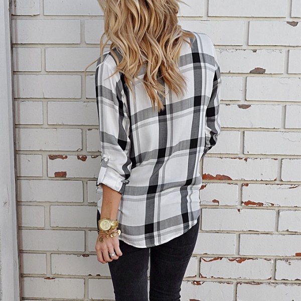 Women Black Pocket Plaid Print Long Sleeve Casual Shirt Shirt Top Shirt