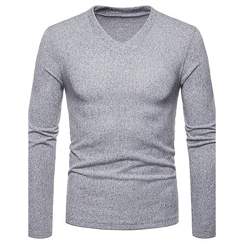 Men T-shirt, solid color V-neck, long-sleeved
