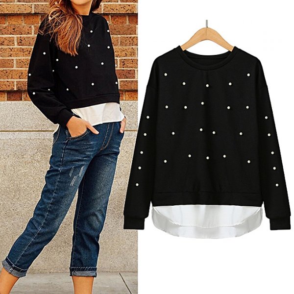 Women Black Long Sleeve Patchwork Shirt Top