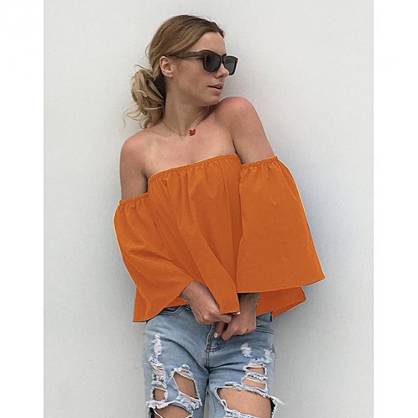 Picking up the chest and shoulders loose seven sleeve chiffon shirt, orange