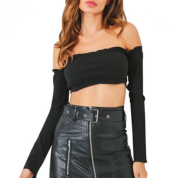 Women Sexy Cropped Top Off Shoulder Long Sleeve Top Shirt T-Shirt