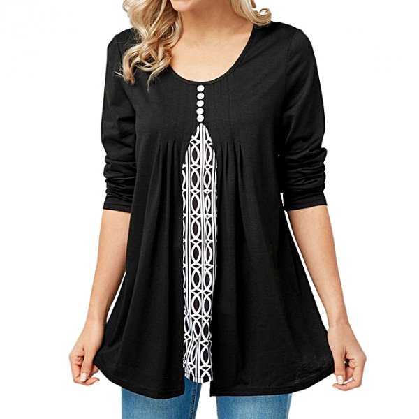 Women Ladies Casual Print Patchwork T-Shirt Long Sleeve Top Shirt