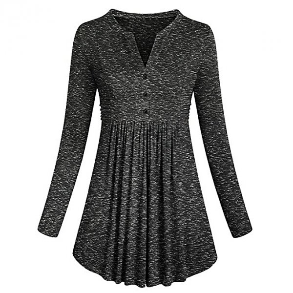 Women Long Sleeve Cheongsam Collar Shirt Pleated Button Torch Hem Tunic Top