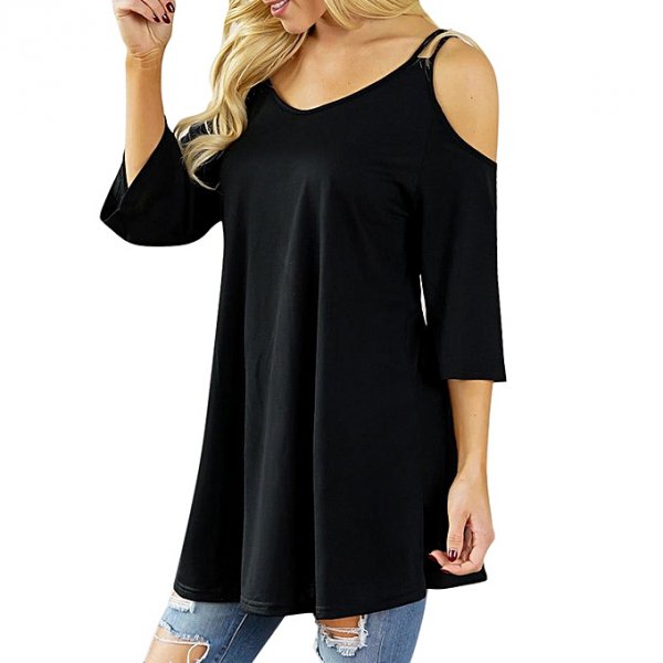 Fashion women casual solid shoulder T-shirt round neck strapless loose top